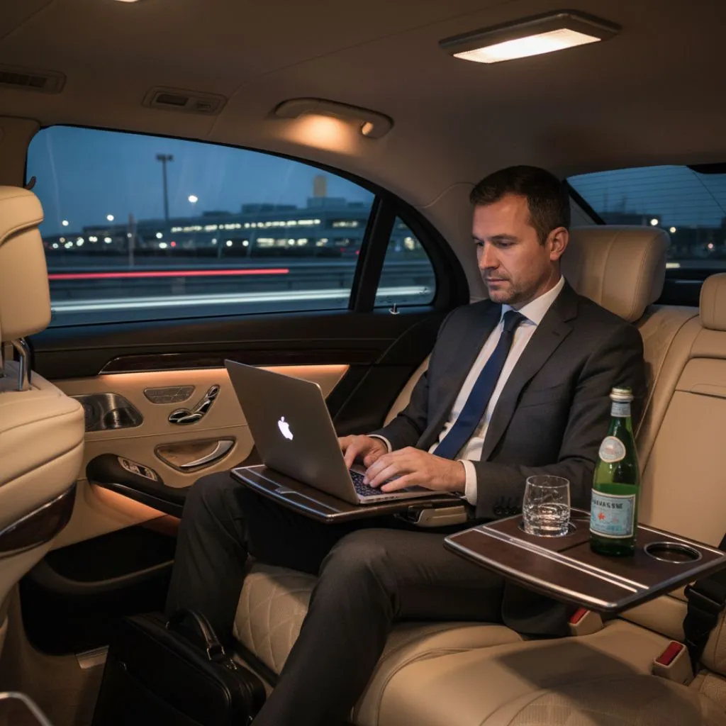A focused businessman in a suit works on his laptop in the luxurious back seat of a moving executive sedan, with a bottle of sparkling water and a glass on a fold-out table. This image effectively represents a high-end corporate limo service in Hamilton, offering productivity and comfort for business travel.