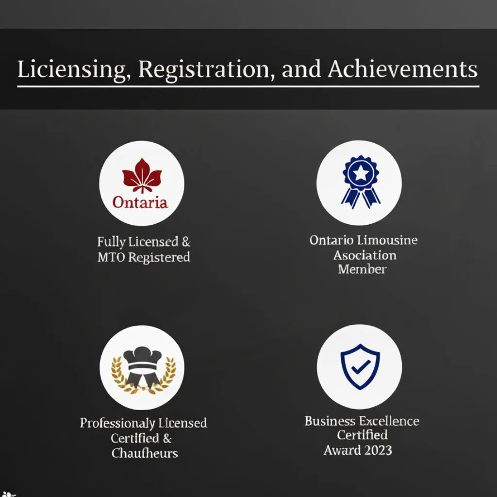 Four circular badges on a dark background represent Hamilton Limousine Service credentials: a red maple leaf for MTO licensing and registration, a blue ribbon for Ontario Limousine Association membership, a gold wreath for professionally licensed chauffeurs, and a blue shield for the 2023 Business Excellence Award, highlighting reliability and excellence.
