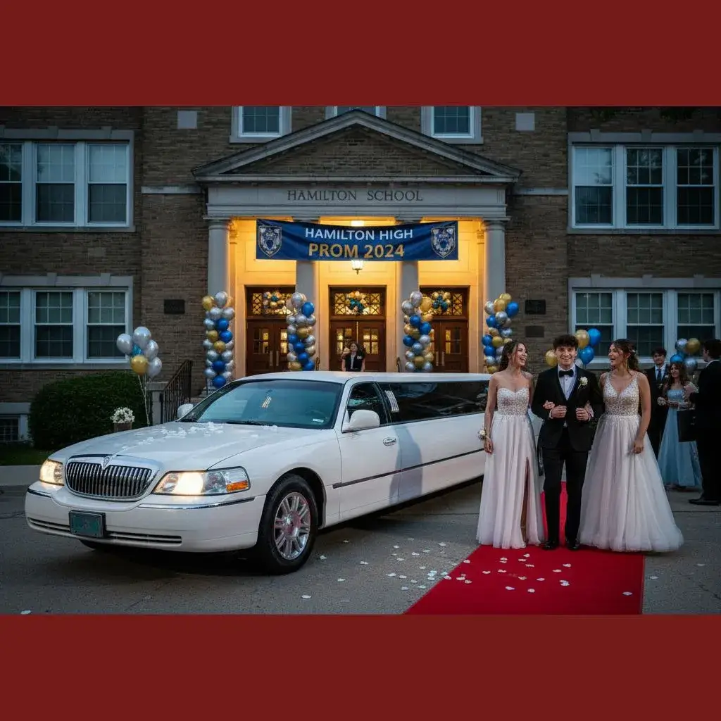 Luxury Prom Limo in Hamilton Outside High School