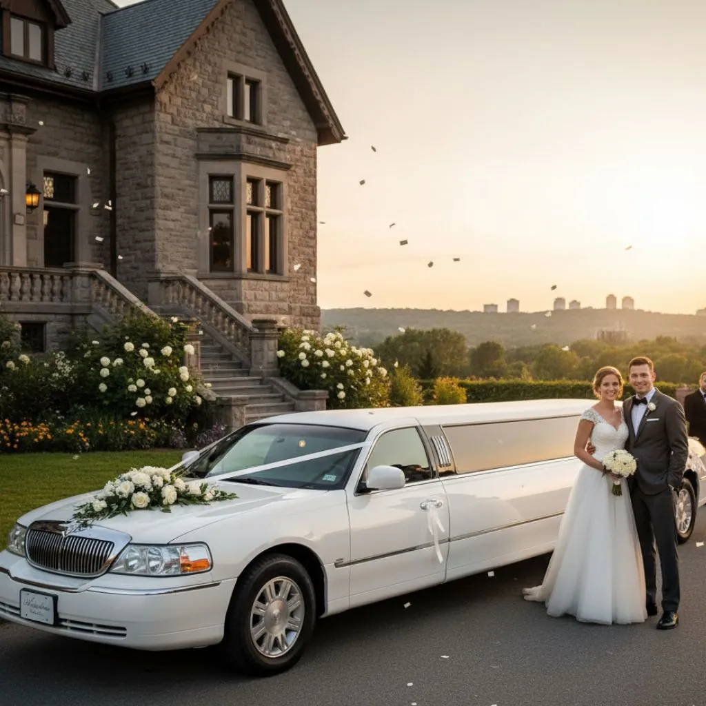 Elegant white wedding limousine in Hamilton with a happy bride and groom, representing luxury wedding transportation services.