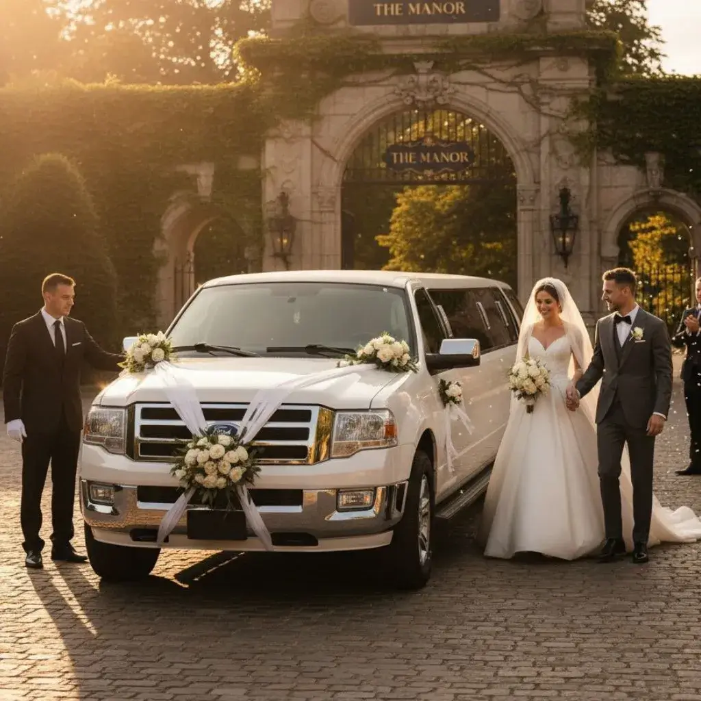 Elegant wedding limousine in Hamilton with professional chauffeur providing luxury transportation for brides and grooms